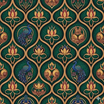 Seamless Pattern Peacock Lotus – Exotic Green & Gold Ornamental Design
