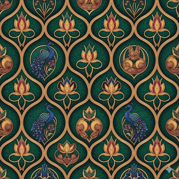 Seamless Pattern Peacock Lotus – Exotic Green &amp; Gold Ornamental Design by Ruliyreed