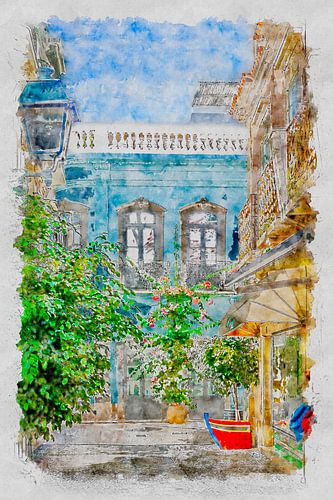 Street with flowers in Olhão (watercolour) by Art by Jeronimo