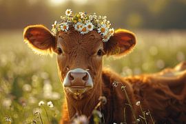 Field flower dream - Adorable calf with daisy wreath by Poster Art Shop