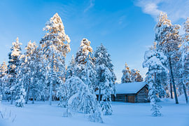 Paysage hivernal avec une maison en bois et une forêt à Äkäslompolo