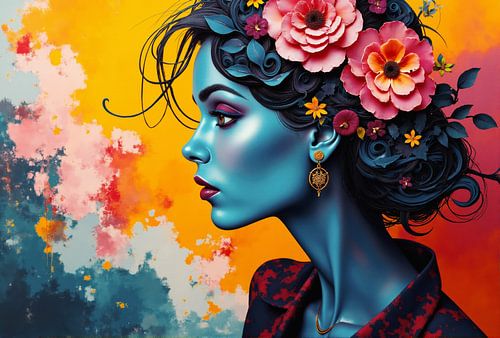 Gestileerd portret van een vrouw met bloemornament in het haar