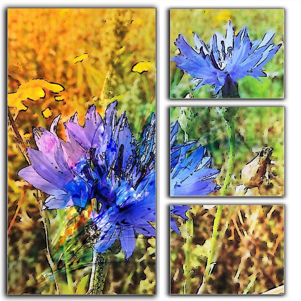 blauwe korenbloemen in 4 delen van Joke te Grotenhuis