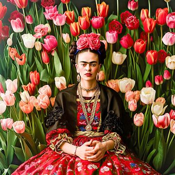 Portrait Frida dans un champ de tulipes sur Vlindertuin Art