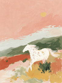 Weißes Pferd in rosa Landschaft – Pastellbild im Malstil