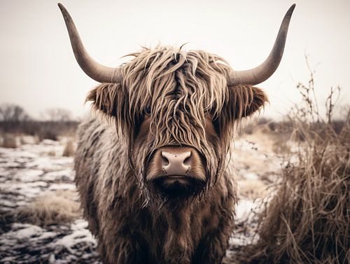 Portrait of a Scottish Highland cattle in the pasture