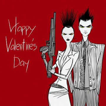 Rebel Valentine | Edgy Illustration des Paares mit Waffe und Punk-Attitüde von Karina Brouwer