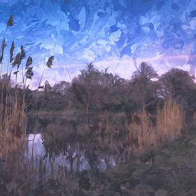 Vijver op de Segbroeklaan bij avond, Den Haag. Watercolor painting effect van Wouter Kouwenberg