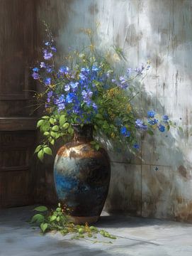 Vase Blumen | Blaues Gefäß von Blickfänger Gemälde