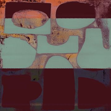Japandi. Abstracte vormen in warm bruin, saliegroen, koraal en roest van Abstract Minimalist Art
