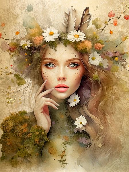 Romantisch Fantasie Portret. Bosnimf met madeliefjes van Studio Pieternel