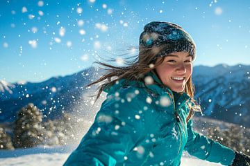 Jonge vrouw in de sneeuw vol vreugde van Poster Art Shop