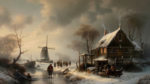 Niederländische Winterlandschaft mit altem Bauernhaus und Mühle