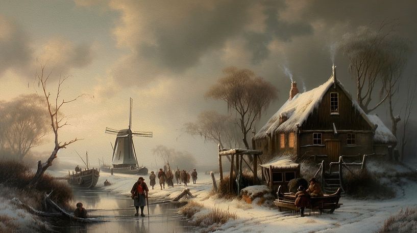 Dutch winter landscape painting with old farmhouse and mill by Preet Lambon