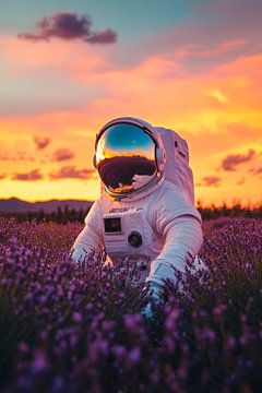 Astronaut in het lavendelveld bij zonsondergang van Poster Art Shop