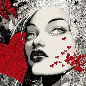 Crimson Manga Heart | Collage noir et blanc avec accents Red Love sur Karina Brouwer
