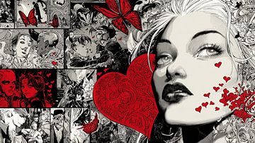 Crimson Manga Heart | Schwarze und weiße Collage mit roten Liebesakzenten von Karina Brouwer