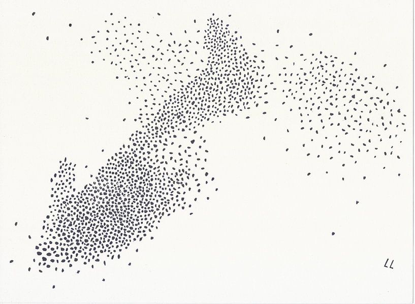 Spreeuwenzwerm, abstract, tekening, stippen van Ellen Buursen
