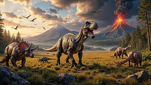 Fantasy Wall Art: VULKARYON - A Tyrannosaurus Rex and other dinosaurs experience a volcanic eruption