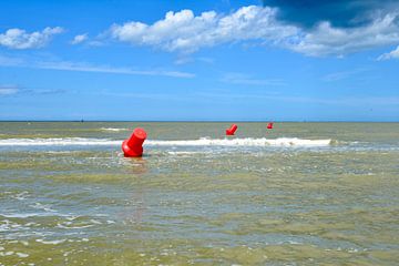 Drie drijvende rode afbakeningsboeien op zee van Lilly Wonderz
