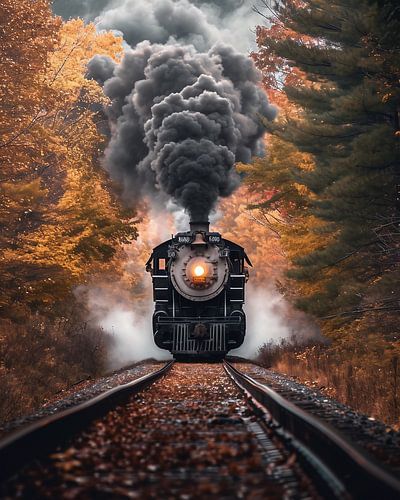 Historic train in the autumn forest
