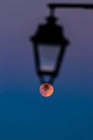 Celestial Photography: Red Moon Behind Street Lamp
