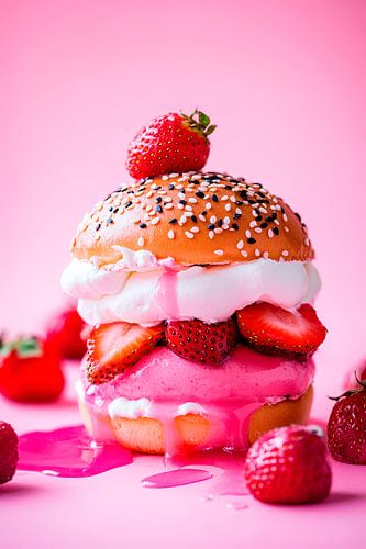 Aardbeienijscoburger op roze achtergrond