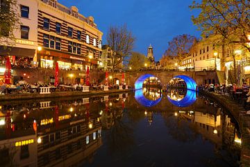 Oudegracht in Utrecht with Bakkerbrug and Dom tower