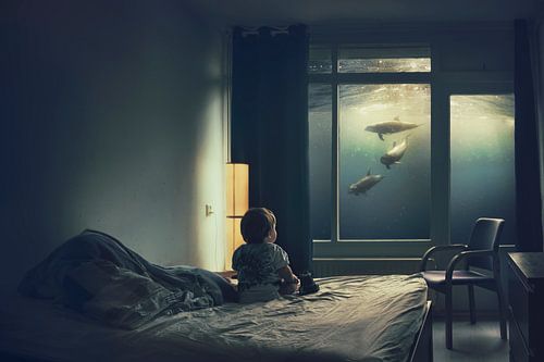 Betoverende Fotomanipulatie: Baby Staart naar Dolfijnen in Magisch Aquarium - Uniek voor Kinderkamer