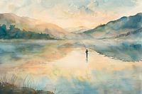 Fishing man in misty mountain landscape