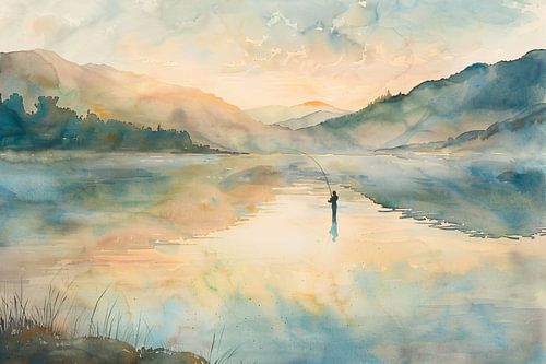 Vissende man in mistig berglandschap