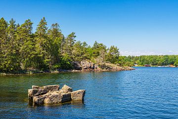 Oostzeekust met bomen en rotsen op het eiland Uvö in Zweden
