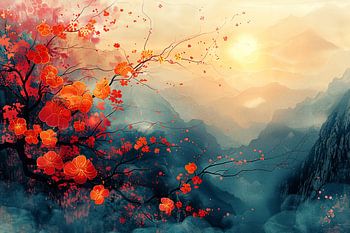 Bezaubernde Berglandschaft mit blühenden roten Blumen