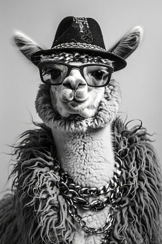 Modieuze lama met hoed en bril in zwart en wit
