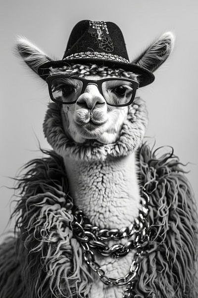 Modieuze lama met hoed en bril in zwart en wit van Poster Art Shop