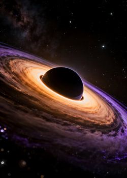ein schwarzes Loch, umgeben von violettem und goldenem Licht