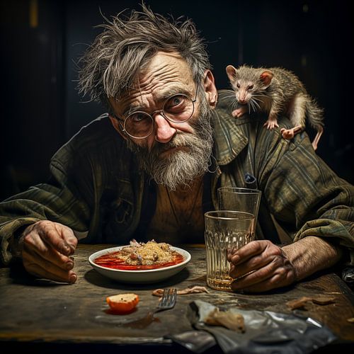 Oude alcoholist met een rat op zijn schouder