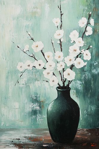 Branches fleuries dans un vase vert