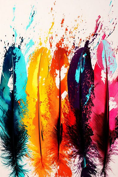 Kleurrijke veren met verfspatten van Art & Soul Creations