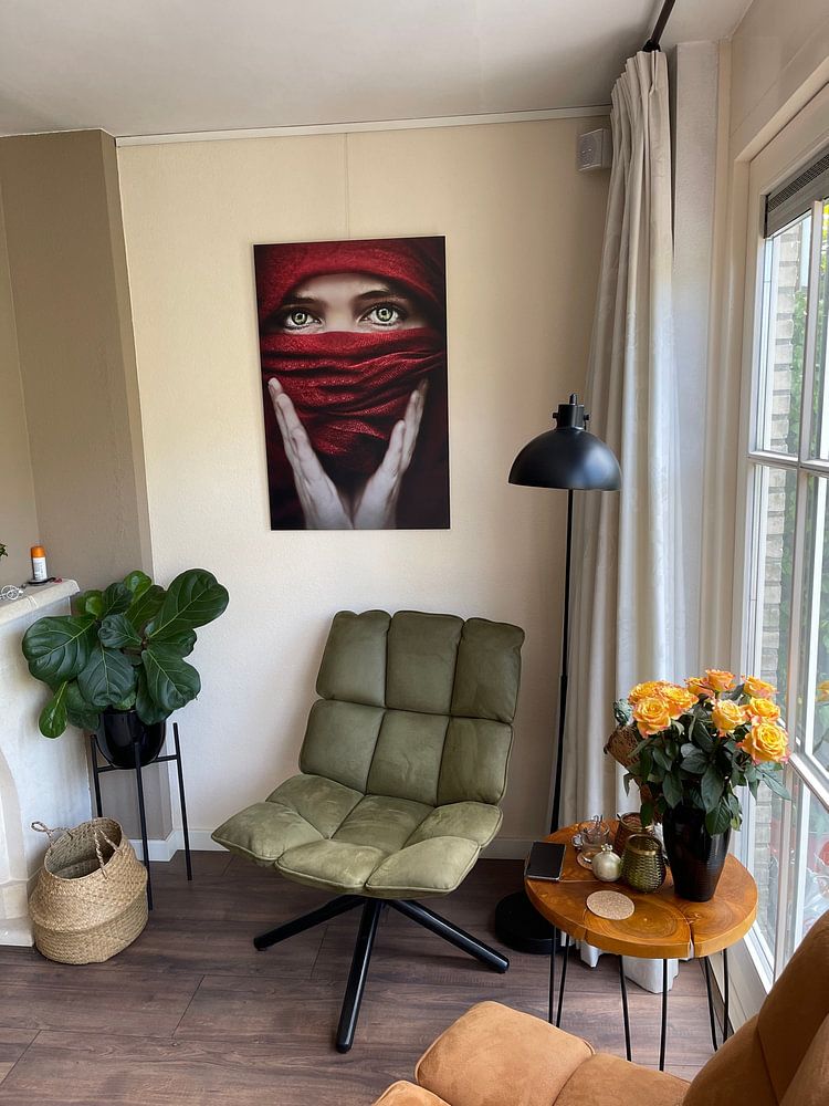 Penetrating Photo of Woman in Red Veil - Powerful Gaze with Green Eyes (seen at vtwonen)  by Elianne van Turennout 