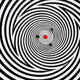 Cercles psychédéliques en noir et blanc avec point rouge sur Marianne van der Zee