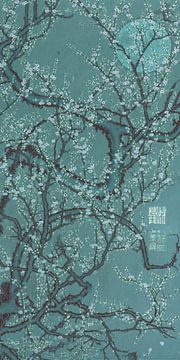 Japanischer Vintage-Druck. Pflaumenblüte bei Vollmond in Blau/Grün