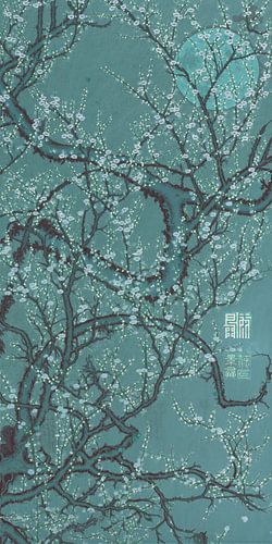 Japanse vintage prent. Pruimenbloesem bij volle maan in blauw/groen