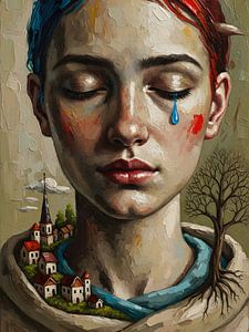 Emotioneel vrouwenportret met symbolisch landschap