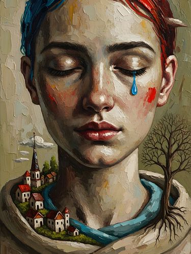 Emotioneel vrouwenportret met symbolisch landschap