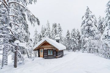 Paysage hivernal avec cabane en rondins et forêt à Äkäslompolo, 
