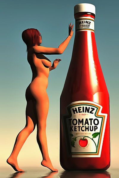 Nu érotique - Femme nue et une grande bouteille de ketchup par Jan Keteleer