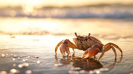Crabe au bord de la mer au coucher du soleil sur Lisa Bovenlander