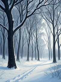 Das Flüstern des Winters's Frieden: Ein ruhiger, schneebedeckter Waldweg in sanftem Sonnenlicht, der Ruhe und die stille Schönheit der gefrorenen Umarmung der Natur heraufbeschwört von Artistic