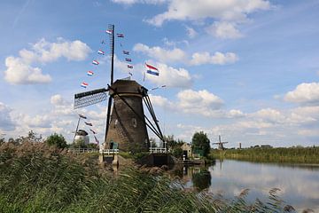 Traditionele molens op de kinderdijk op een mooie zomerse dag versierd met Nederlandse vlaggen van W J Kok